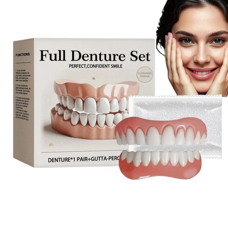 Dentures Full Mouth,Soft Denture Reline Kit,Silicone Reline Denture Set,Dentures False Teeth Set for Adults,Soft and Comfortable,Upper and Lower Denture Sets for Men and Women,Natural-Looking Teeth